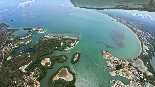 Landscape themes: Aerial view of Mangrove islands near Cabo Codera on a sunny day in Miranda State, Venezuela.