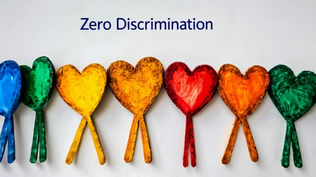 Colorful heart-shaped figures in a row on white background representing unity and equality against discrimination