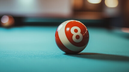 Billiard ball with number 8 on a table with a green cover