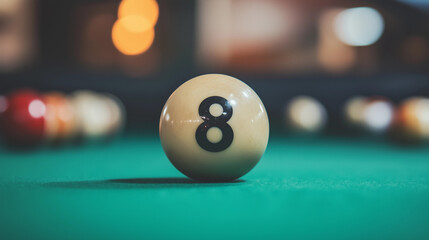 Billiard ball with number 8 on a table with a green cover