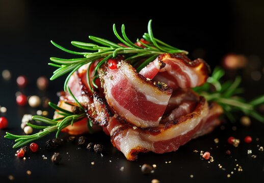 Freshly Cooked Bacon Strips with Rosemary and Assorted Peppercorns on a Dark Background
