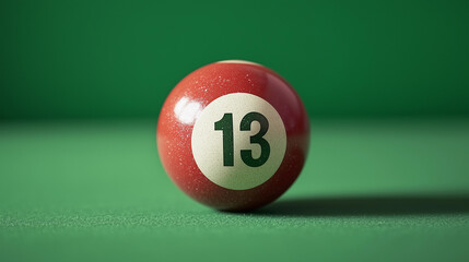 Billiard ball with the number 13 on a table with a green coating, on a green background