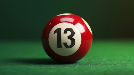 Billiard ball with the number 13 on a table with a green coating, on a green background
