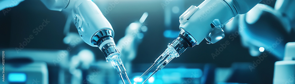 Poster robotic arms collaborating in a laboratory setting high-tech innovation futuristic environment close