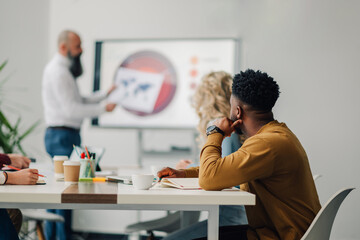 Diverse business team brainstorming during a presentation in modern office