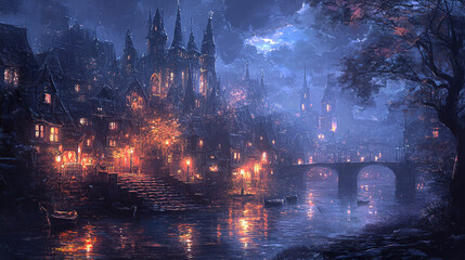 Fototapeta premium Mystical night scene with illuminated houses cobblestone streets river reflection fantasy landscape aesthetic viewpoint