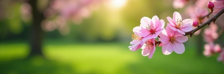 Obraz premium Beautiful soft pink blossoms on green stems in a peaceful park setting, peaceful, pink