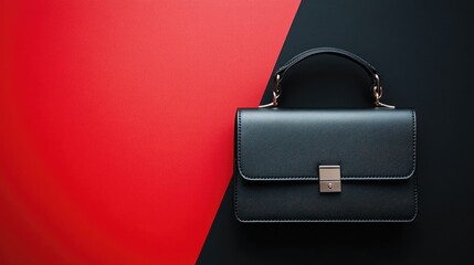 Sleek black leather shoulder bag on a dramatic red and black background