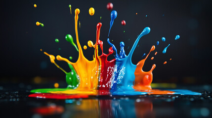 Acrylic paint splashes in the shape of a crown on a dark background. Red, blue, orange, yellow, blue, green.