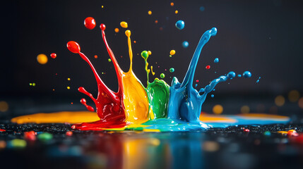 Acrylic paint splashes in the shape of a crown on a dark background. Red, blue, orange, yellow, blue, green.