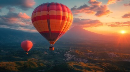 Obraz premium Sunset Hot Air Balloon Ride over Majestic Mountains