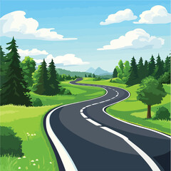 Serene Cartoon Landscape with Forest Highway Road Scene