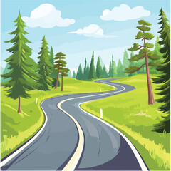 Naklejka premium Serene Cartoon Landscape with Forest Highway Road Scene
