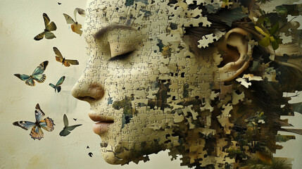 A woman's face on a light background is made of puzzles. The puzzles crack and fly away with the butterflies. A metaphor of rebirth. Therapy. Psychotherapy. Sacred content.