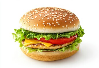 Freshly Prepared Chicken Burger with Lettuce, Tomato, and Cheddar Cheese on a Toasted Sesame Seed Bun for a Delicious Meal Experience
