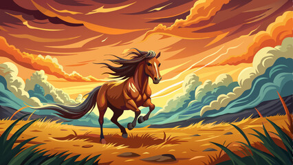 vector of wild mustang galloping across an open plain, its mane flowing in the wind, with storm clouds gathering on the horizon. © koushkij