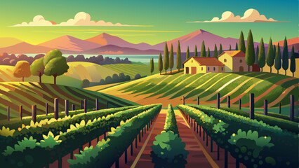 Naklejka premium vector of picturesque vineyard on a rolling hillside, with rows of grapevines stretching toward the horizon under a golden sunset.