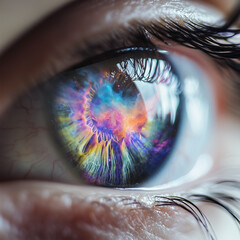 The human eye, in close-up, showing a coloured galaxy