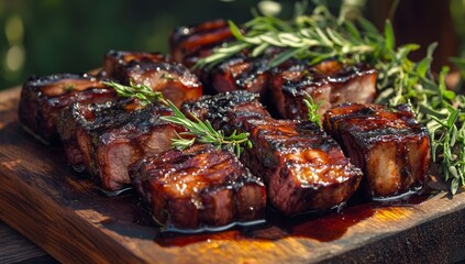 Grilled BBQ pork cubes on a wooden board, garnished with fresh rosemary