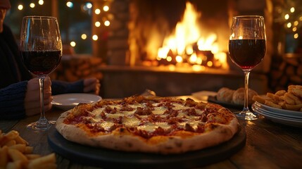 Cozy outdoor dining experience near a fireplace with pizza and wine
