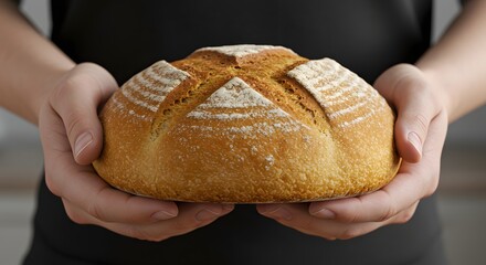 Artisan Loaf: A close-up of hands cradling a freshly baked, golden-crusted artisan loaf. The inviting image captures the warmth, texture, and aroma of homemade bread.