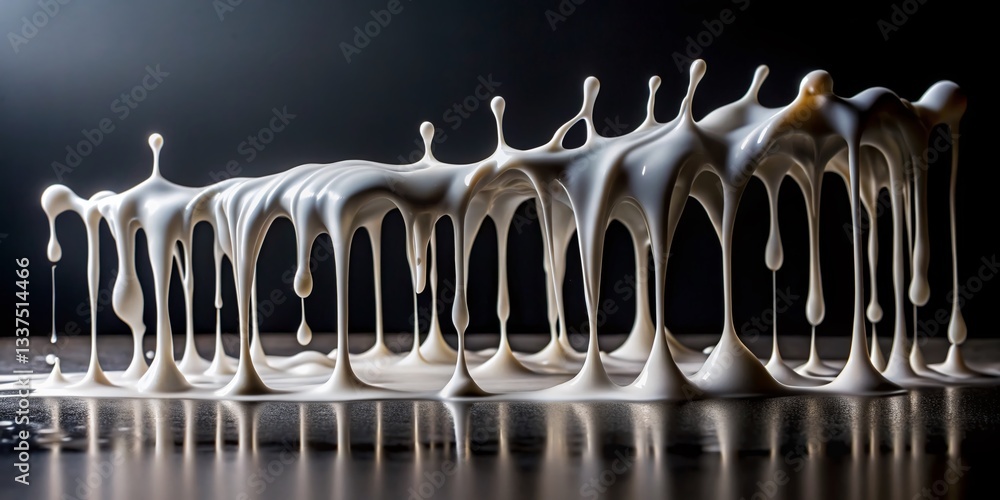 Poster abstract fluid art: dripping white liquid creating artistic patterns on black surface