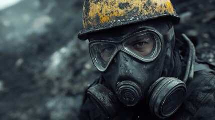 Resilient miner stares intently, clad in safety gear, enduring harsh labor