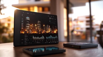 Modern tablet displaying financial data, cityscape, and graphs on a wooden table with a smartphone, alongside a small device.