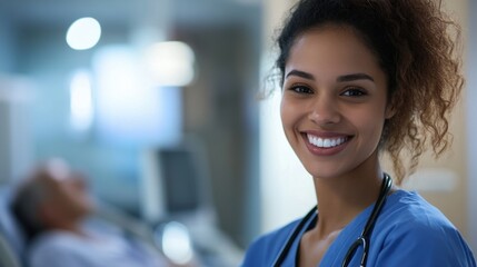 Fototapeta premium Portrait of smiling female doctor or nurse working in hospital room