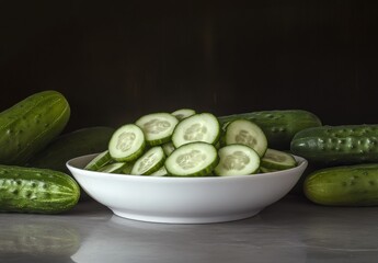 Freshly Sliced Cucumbers in a White Bowl Surrounded by Whole Cucumbers on a Dark Background Perfect for Healthy Cooking and Culinary Inspiration