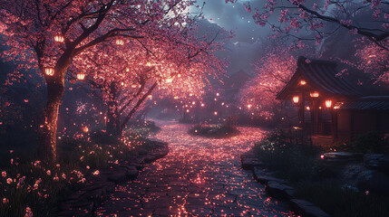 Fototapeta premium Enchanting cherry blossom pathway tranquil garden digital art serene atmosphere peaceful perspective