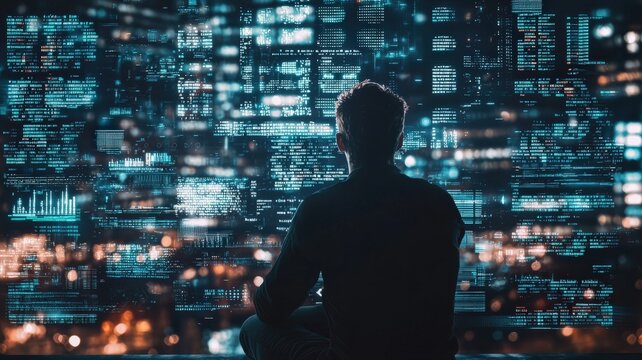 Anonymous hacker in a dark room surrounded by glowing holographic screens with cryptic data. Cyber security and futuristic technology concept.


