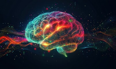 Colorful polygonal brain emitting vibrant waves of energy