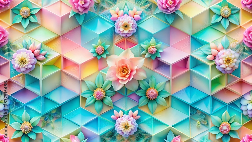 Poster abstract geometric colorful blocks pattern with pastel flowers - vibrant gradient background design