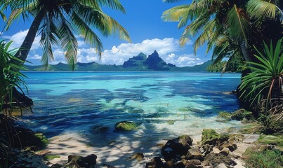 nature seascape summer wallpaper with wave and tree with bright cloud atmosphere Generate AI