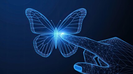 Abstract close-up finger press on the digital blue butterfly. Technology innovation and evolution concept. Butterflies hologram on dark background. Low poly wireframe vector illustration 