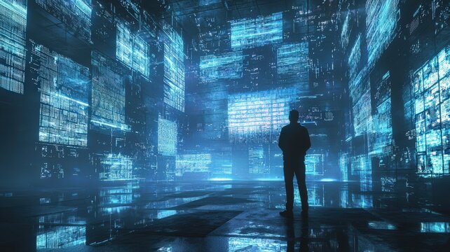 Anonymous hacker in a dark room surrounded by glowing holographic screens with cryptic data. Cyber security and futuristic technology concept.

