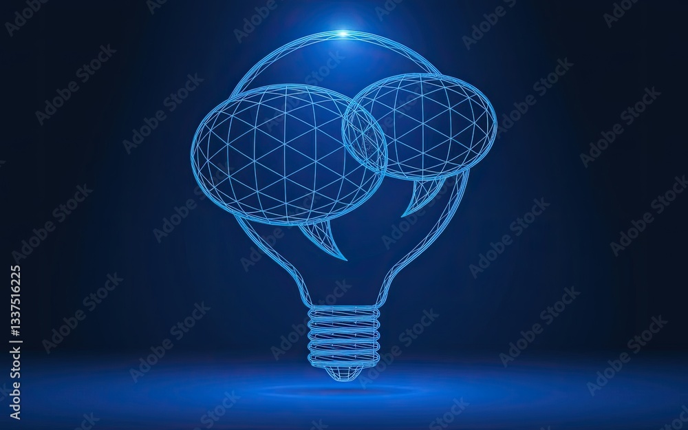 Poster abstract dialogue bubble inside digital light bulb in polygons and lines. brainstorm or social media