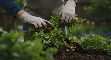 Gardening Hands at Work: A person's hands, clad in protective gloves, tend to a flourishing garden bed, filled with healthy green plants.