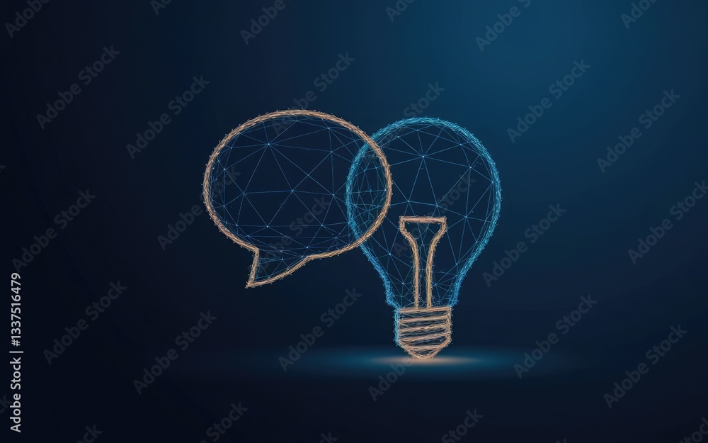 Poster abstract dialogue bubble inside digital light bulb in polygons and lines. brainstorm or social media