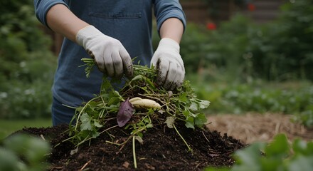 Fototapeta premium Gardening with Compost: A person with gloved hands carefully tends a compost pile. The image conveys the essence of sustainability and nurturing a rich soil.
