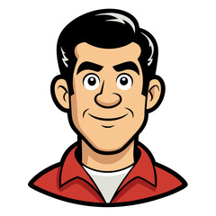 an illustration of a smiling man with black hair, wearing a red shirt. He has a friendly expression, and his face is the focus of the image
