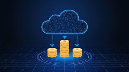 Abstract digital cloud with arrows up and down and dollar coins tower. Cloud mining or digital investment technology concept. Low poly wireframe vector illustration in futuristic hologram blue style 