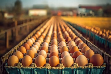 Naklejka premium Rows of farm-fresh eggs stretch into the distance, showcasing the abundance of a working farm and the simple beauty of natural food production.