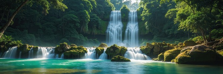 Cascading wonders: turquoise waters flowing through a vibrant green rainforest scene