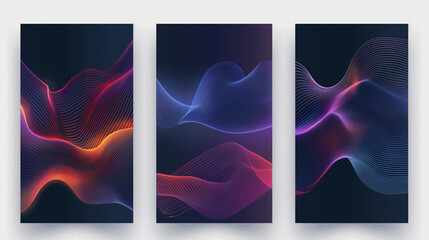 Abstract line wave poster background vector set. Minimalist cover template with vibrant perspective line wave in motion. Ideal design for social media, cover, banner, flyer, music, ads -