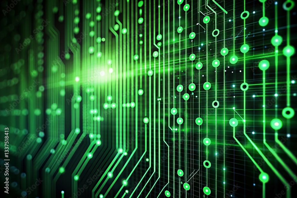Poster abstract green binary code circuit background, high depth of field, technology stock photo