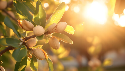 Obraz premium Close-up photo of almond branches laden with ripe almonds in soft golden sunlight. Concept of nature, agriculture, organic farming, and food production