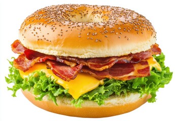 Savory bagel sandwich piled high with crispy bacon, fresh lettuce, and melted cheese for a delicious breakfast or brunch option