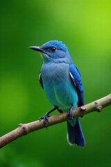 Fototapeta premium Azure bluebird on green branch, soft focus background, bright, soft, foliage